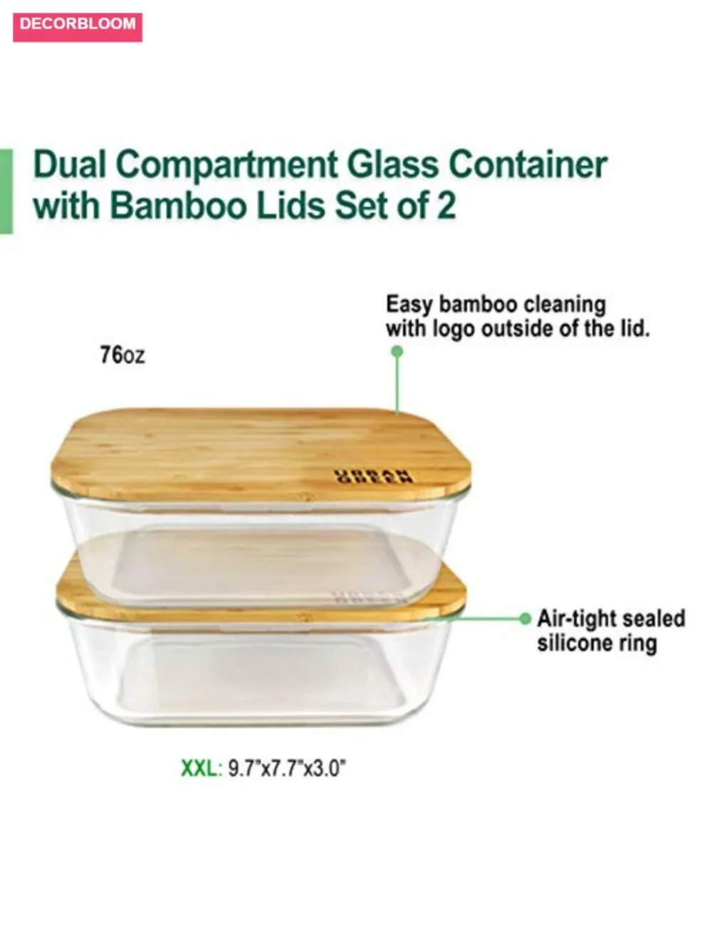 XXL Borosilicate Glass Food Storage Containers 2 Pack with Bamboo Lids